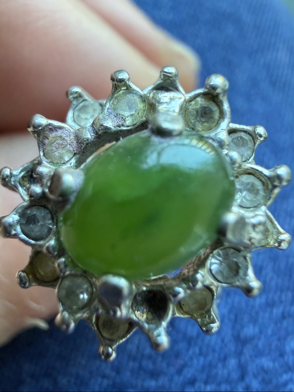 Vintage Uncas Mid-Century Nephrite Jade & Rhinestone Halo Cocktail Ring